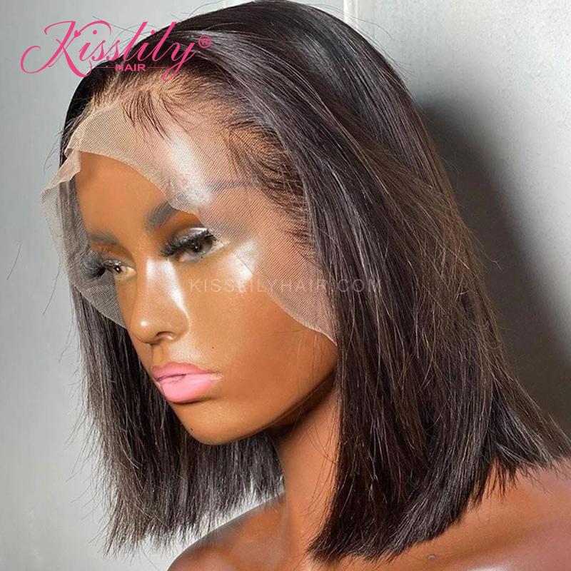 Kisslily Hair Straight Bob Lace Front Wigs 13x4 Natural Black Human Hair Bob Wigs 180 Denisty Pre Plucked Remy [BOB06]
