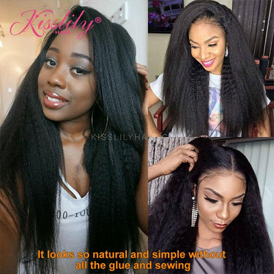 Kisslily Hair U Part Wig Yaki Straight Wig 100% Human Hair Wigs 150 Density Brazilian Hair Glueless [NAW46]-Hair Accessories-Kisslilyhair