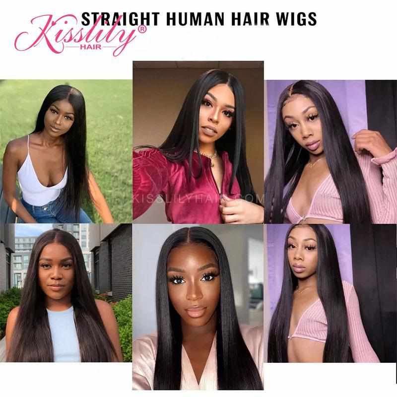 Kisslily Hair U Part Wigs Human Hair Wigs For Black Women Remy Straight Cheap Glueless Hair Natural Black [NAW49]-Hair Accessories-Kisslilyhair