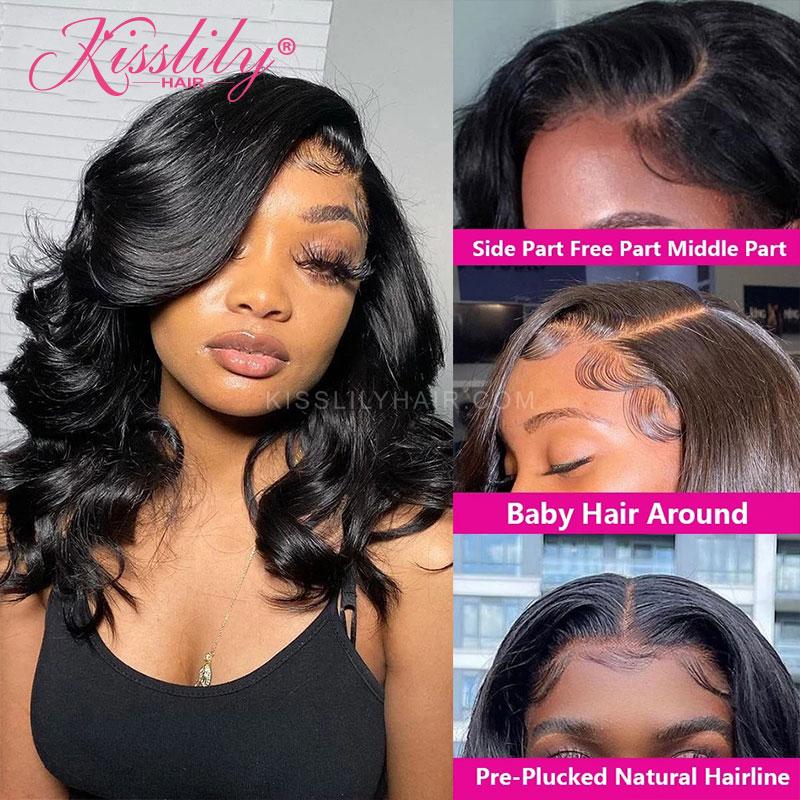 Kisslily Hair Wavy Bob Lace Front Wigs Glueless 13x4 Lace Frontal Wigs Human Hair Pre Plucked 180 Density [BOB09]