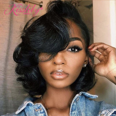 Kisslily Hair Wavy Bob Lace Front Wigs Glueless 13x4 Lace Frontal Wigs Human Hair Pre Plucked 180 Density [BOB09]